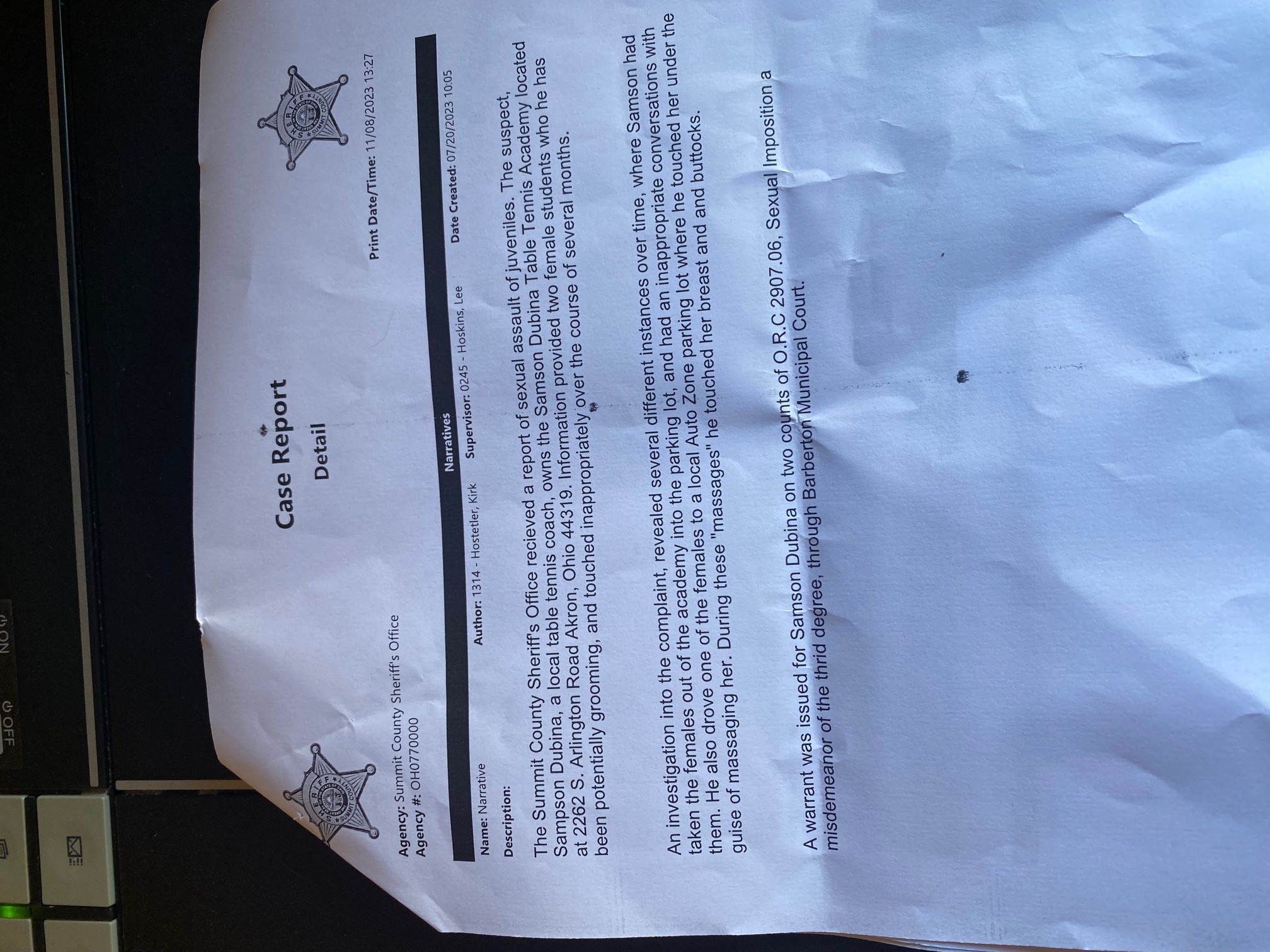 Samson Dubina Police Report.jpg
